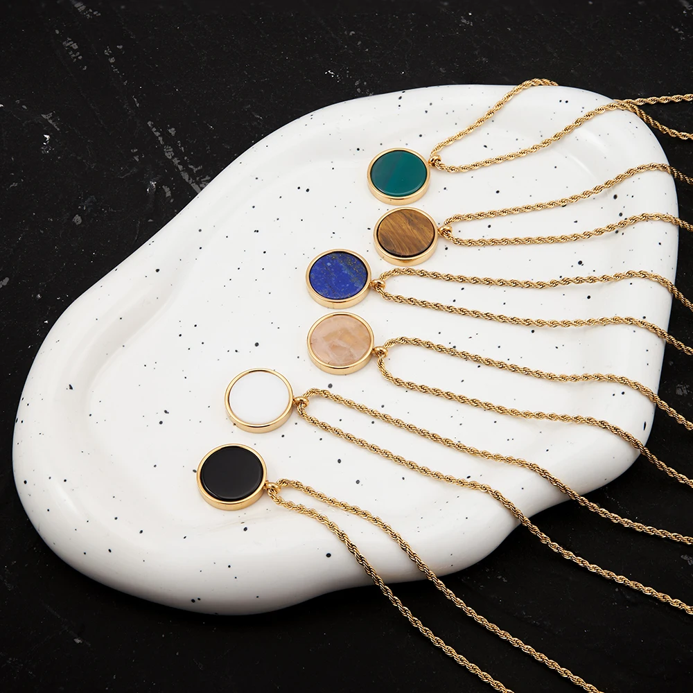 ENFASHION Collares Para Mujer Natural Stone Disk Pendant Necklace For Women\'s Stainless Steel Fashion Gold Color Jewelry P243439