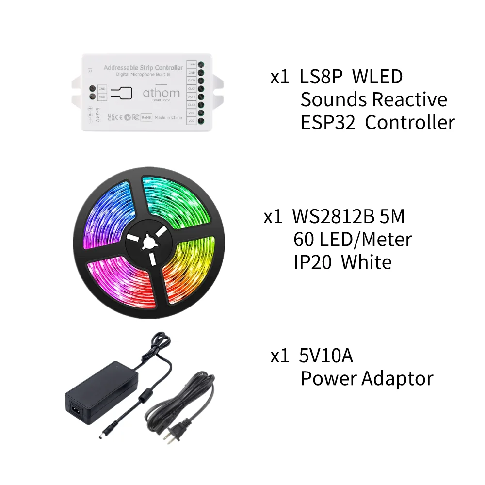 Athom WLED ESP32 Sounds Reactive Starter Kit 12V WS2815 5M 60 led/m  Addressable Strip Light