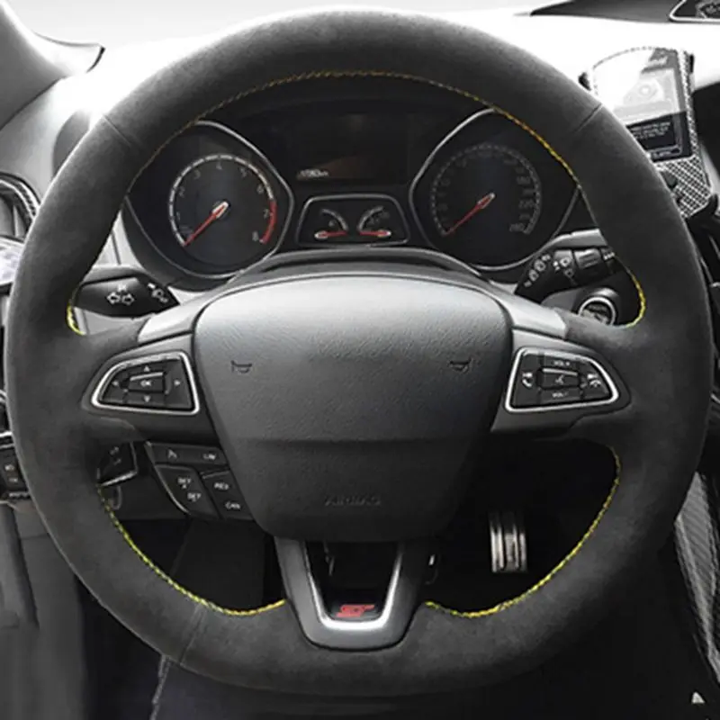 Non-slip Black Suede Braid Customized Car Steering Wheel Cover For Ford Focus (RS | ST | ST-Line) 2015-2018 Kuga Ecosport