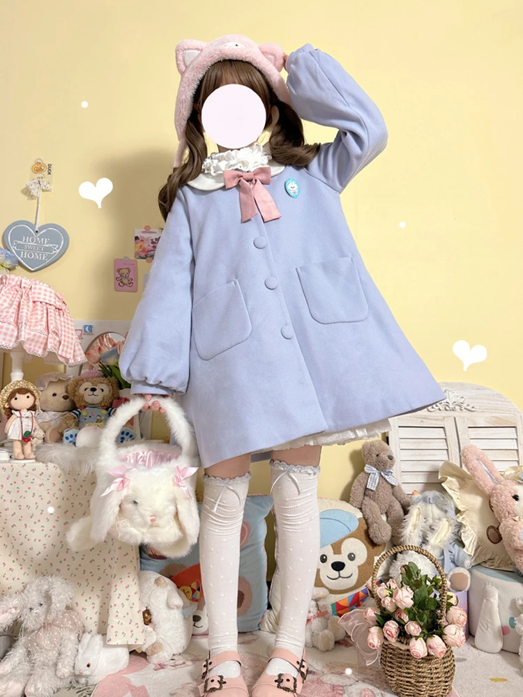 KIMOKOKM Japanese Preppy Winter Sweet Peter Pan Collar Coat Kawaii Bow Full Sleeve Single-Breasted Loli A-Line Woolen Outerweat