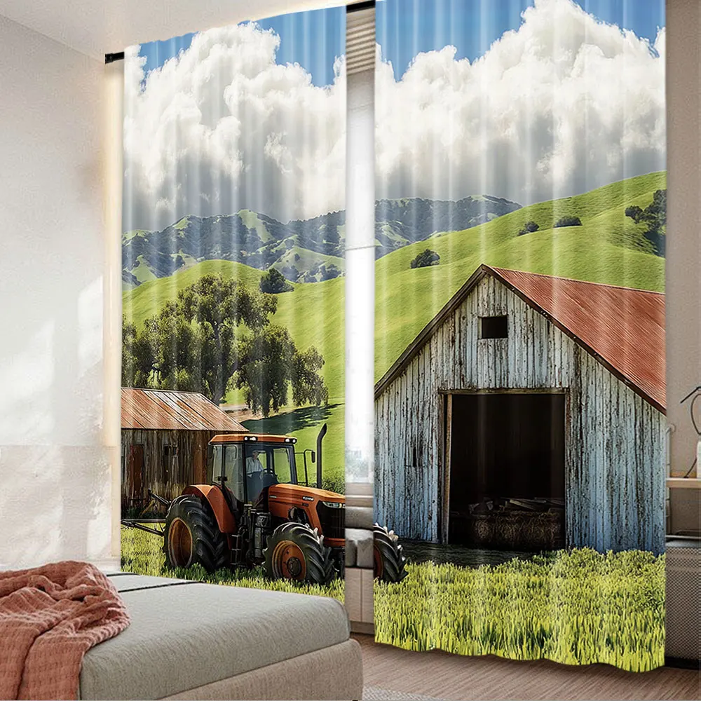 2Pcs Rustic Curtain Old Barn With A Tractor Hillside Enclosed With Trees Suitable For Bedroom Living Room Dining Room And