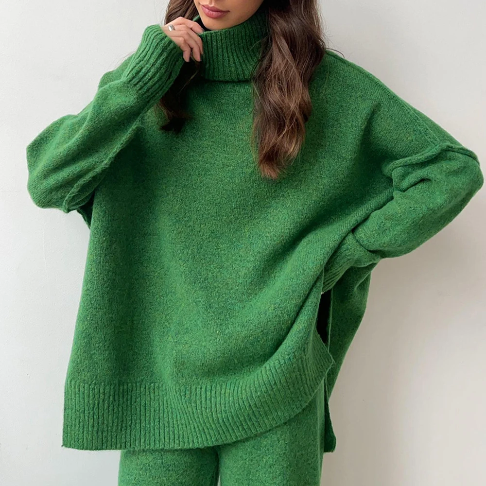 

Женский костюм-свитер с высоким воротником, свободный повседневный комплект из трикотажных брюк, европейско-американский стиль, осенне-зимний утолщенный ленивый модный комплект