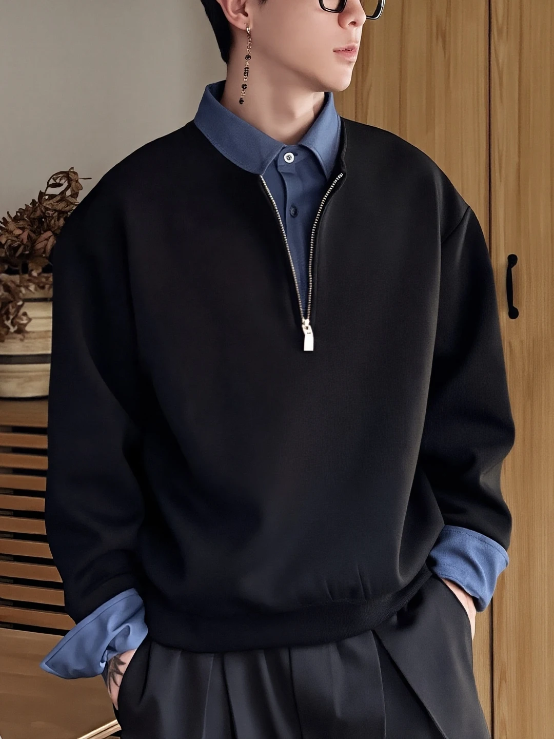 

Large Size Men's Faion Sweatirt f Zipper Fake Two-Piece Bla Collar Autumn Winter New Sle Comfortable Breathable Wear