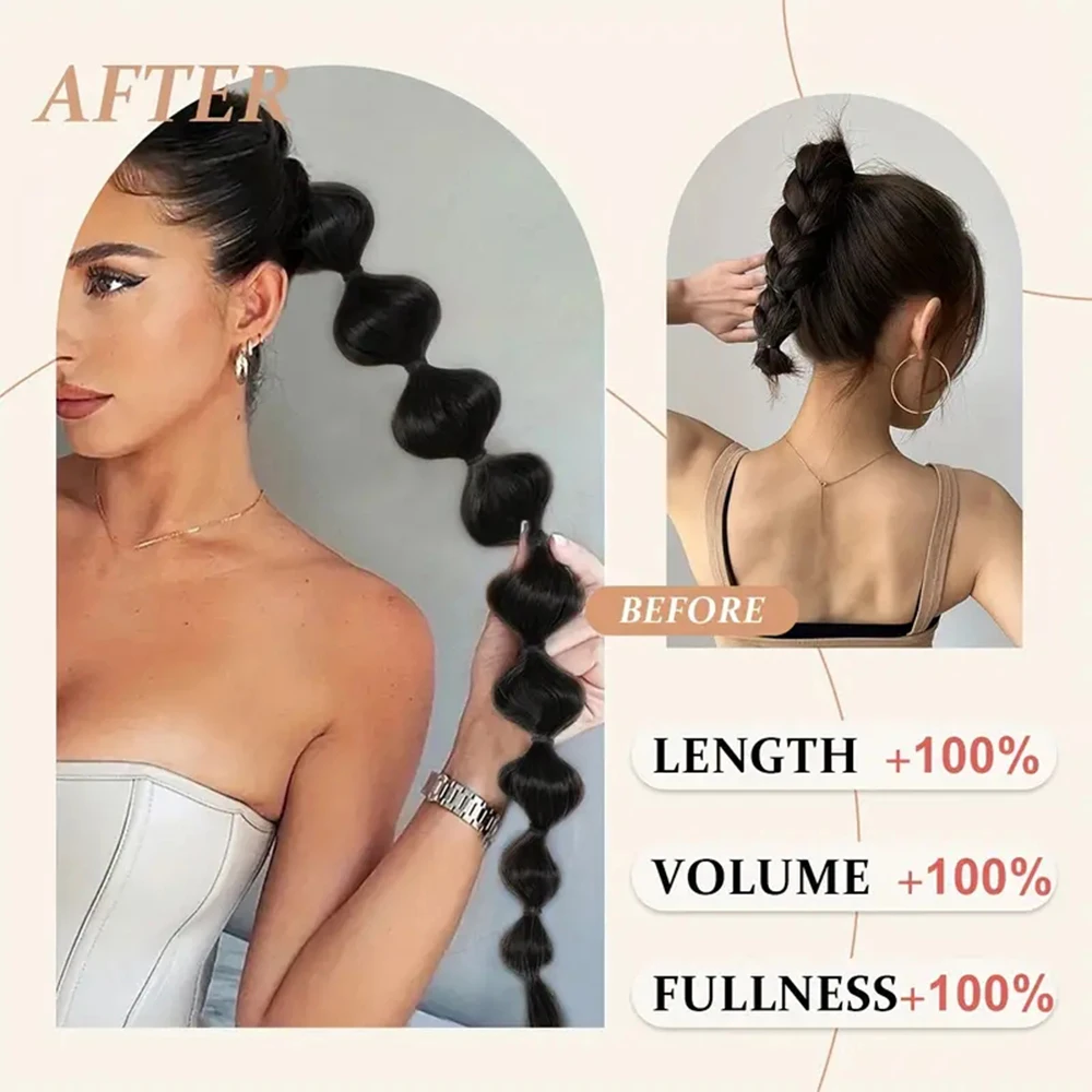 Synthetic Bubble Ponytail Hair Extensions 30 inch weave Natural Black For Long Rubber Wrap Around Lantern PonyTail