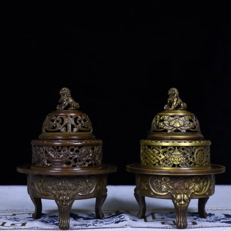All-brass four mythical beast burner with embossed eight treasures and three-legged design, entrance decoration, incense