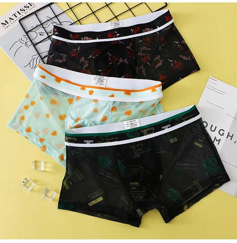 Men\'s Transparent Underpants Ultra Thin Boxer Shorts Print Ice Silk U Convex Pouch Underwear Mesh Aro Pant Summer Bottom Panties