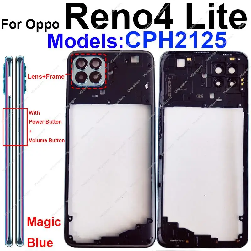 

For OPPO Reno 4Lite 4F 4SE Middle Frame Housing Cover with Camera Lens Frame Side Buttons Repalcement