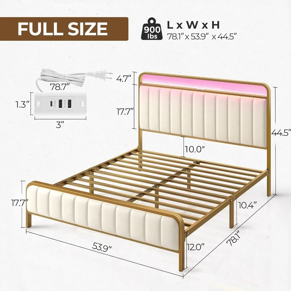 풀 사이즈 침대 프레임, LED 조명 및 충전 스테이션, 덮개를 씌운 헤드보드 및 발판, 금속 슬랫