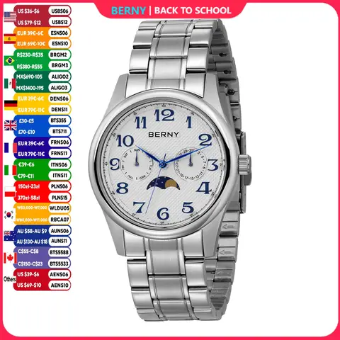 BERNY Men's Moon Phase Watch Luxury Fashion Quartz Watches for Men Vintage-Style Calendar Easy Read Multi-hand Wristwatch