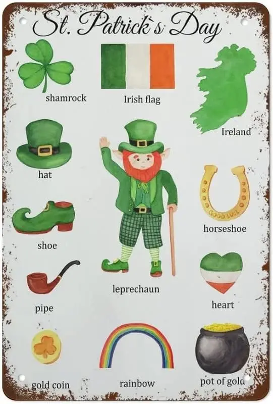 1pcs St. Patricks Day Poster Educational Poster Leprechaun Shamrock Ireland Funny Vintage Metal Tin Sign for Bedroom Living Room