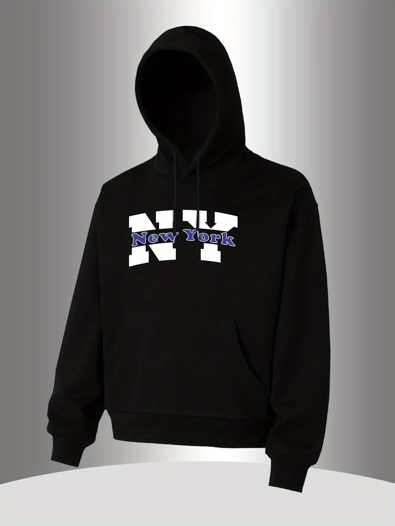 Sudadera con capucha negra para hombre con estampado de "NY" - estilo casual streetwear, mangas largas, cordón ajustable, corte regular, unisex, sudadera para otoño/invierno.