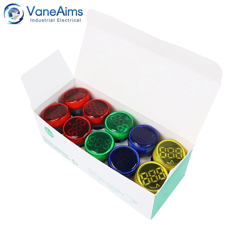 10pcs/box Voltage Display AC Voltmeter AC30-500V Led Digital Display Volt Meter Round Mini Voltage Tester Green Red Yellow Blue