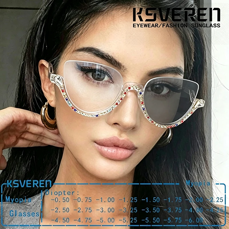 Half Frame Cat Eye Photochromic Myopia Glasses Women Diamond Studded Designer Optical Eyewear for Outdoor Activities