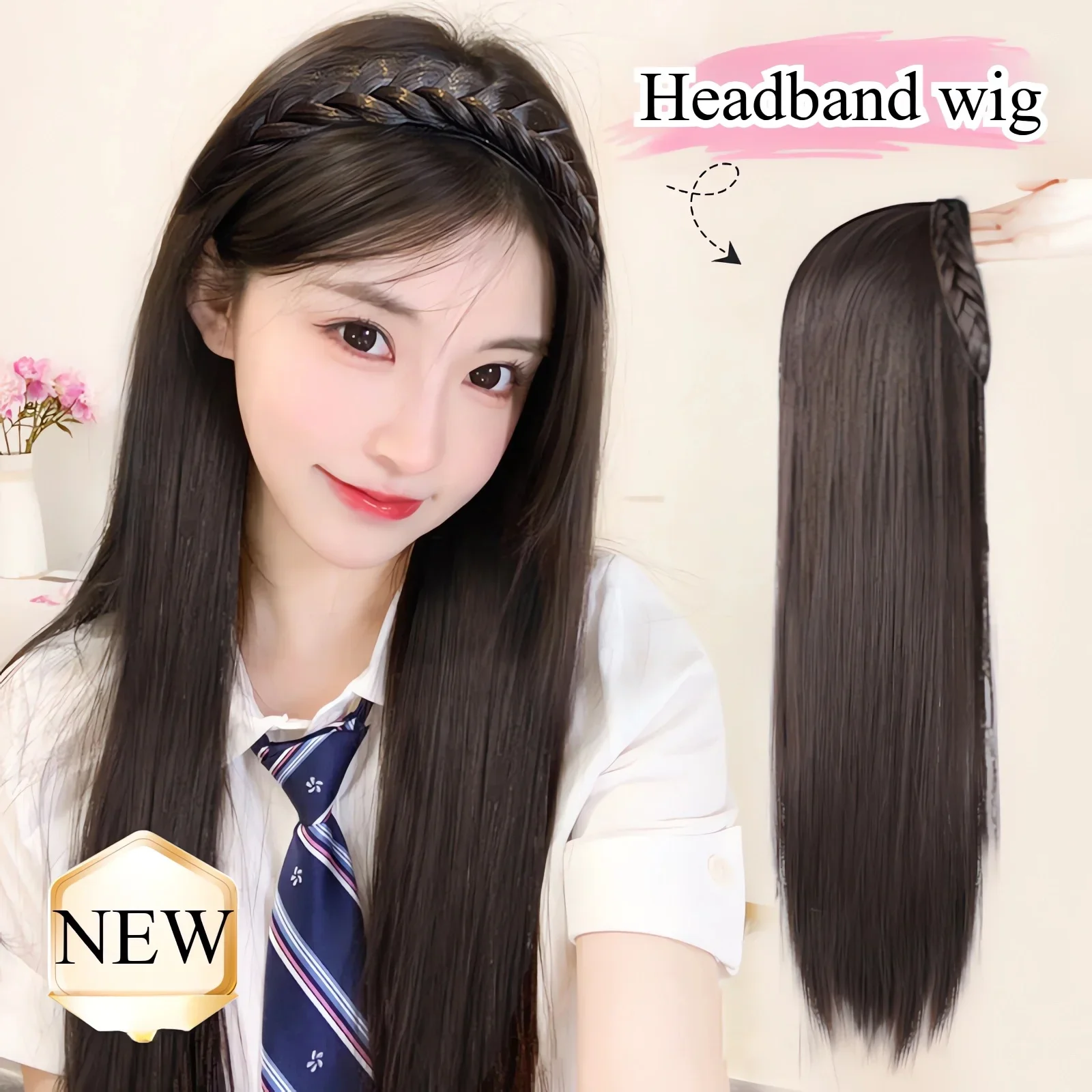 Wig Female Long Hair Braid Hair Band Female High Cranial One-piece Wig U-shaped Half Head Set Long Straight Wig Piece