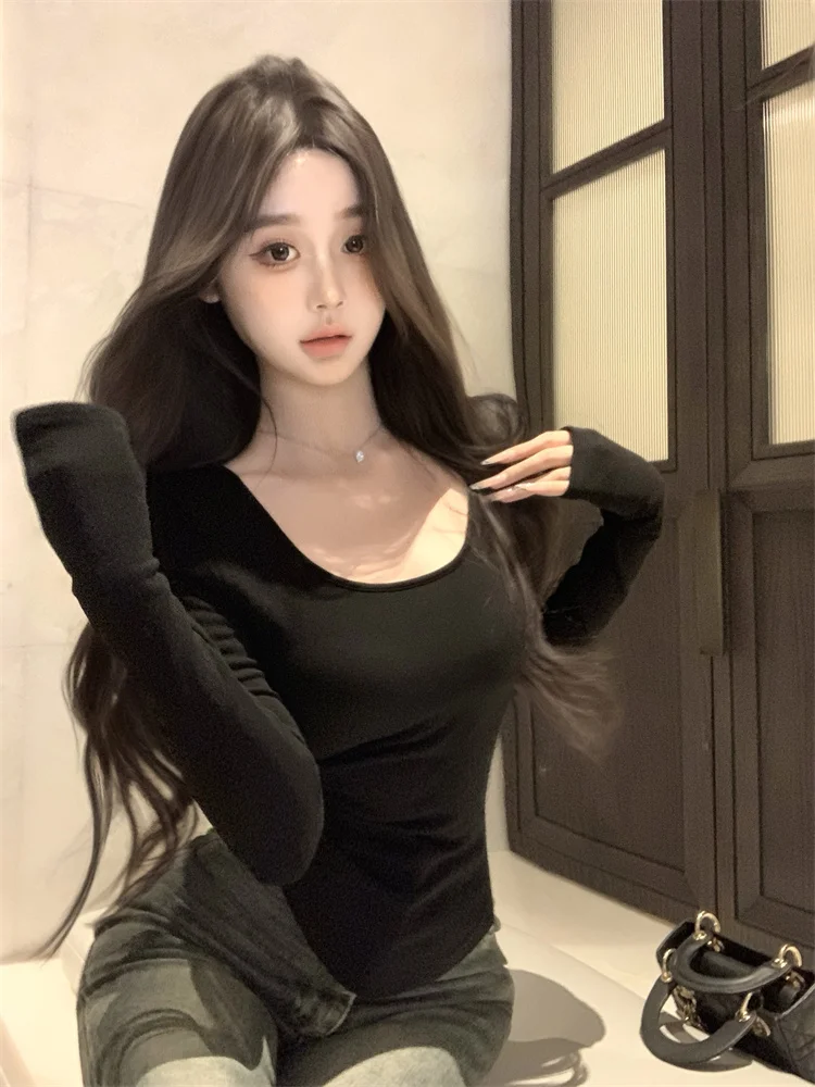 Lace Splice U-Ne Long Sve T-irt Women's Winter Slim Fit Pure Desire Sexy Elastic Thin Base Top Korean Sle Commute