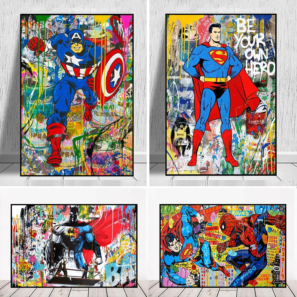 

MINISO Marvel Superheroes Graffiti Mural Batman SpiderMan Wall Art Poster The Avengers Canvas Painting Print Kid Room Home Decor