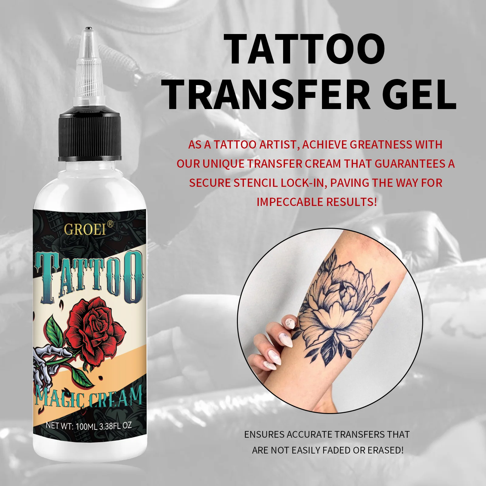 100ml タトゥーステンシル転写ジェル - 高速転写ボディアートタトゥージェル、長持ち&肌に優しい