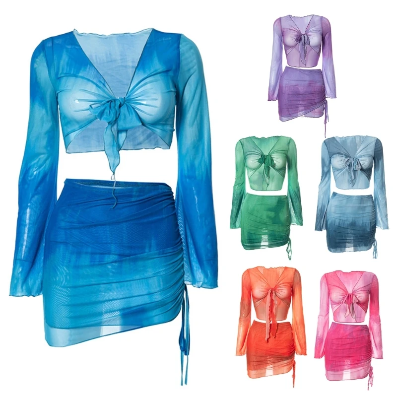 Womens Tie-Dye Mesh Beach Cover Up Dress Set Long Sleeve Lace-Up Crop Top and Ruched Bodycon Mini Skirt Summer Beachwear