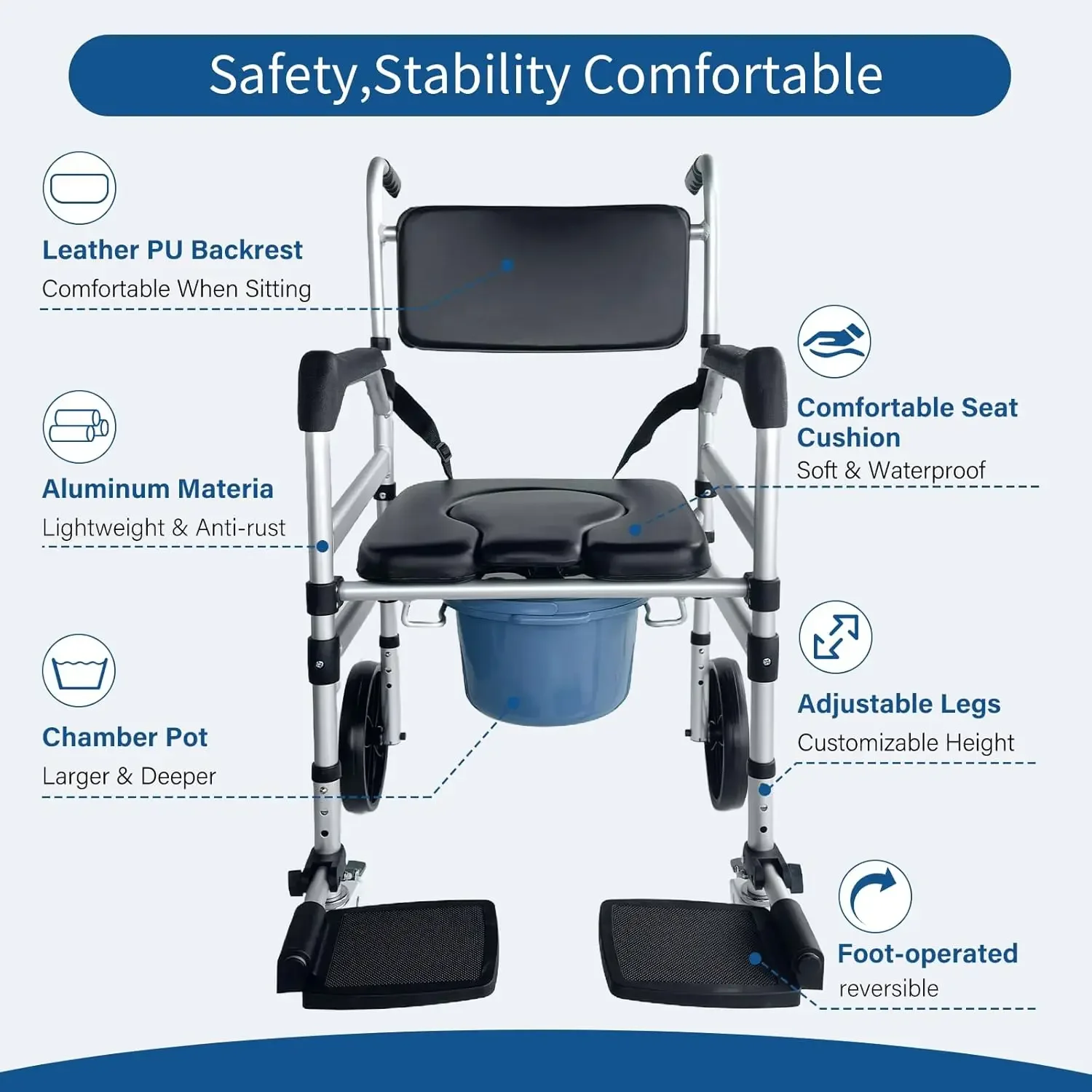 Shower Chair with Wheels for Elderly and Disabled, Foldable Wheelchair Lightweight Folding, Bedside Commode Chair