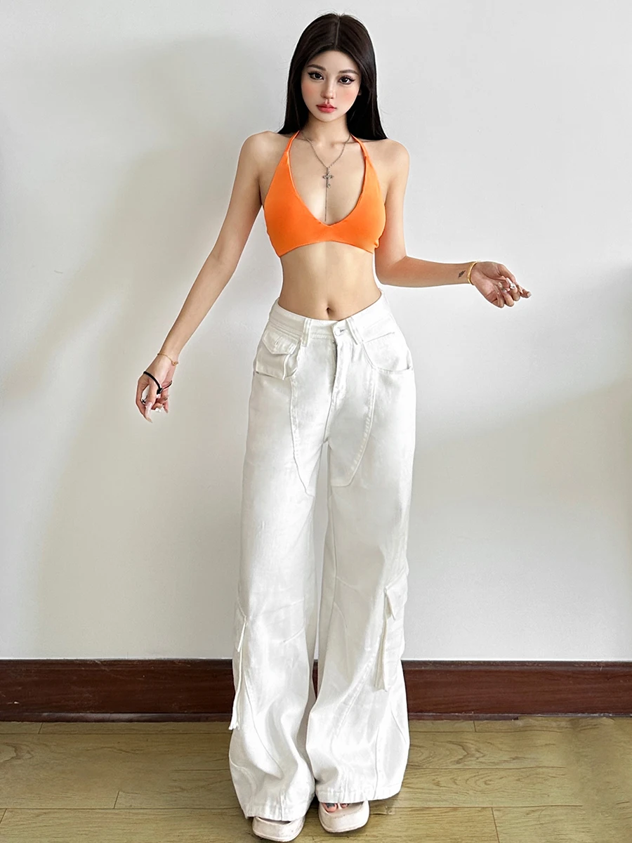 

Sexy Bal Slim Fit Vest Women's Orange Mango American Sle Hanging Ne Strap Vest Trendy ort Length Pure Color Top