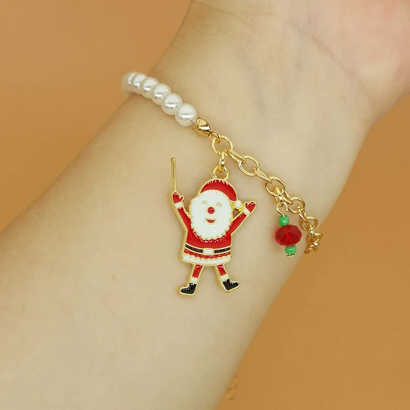 Bracelets pendentif pompon père Noël pour femme, bonhomme de neige rouge, cloches de Noël, chaussettes, gants, perles en résine, bijoux du Nouvel An