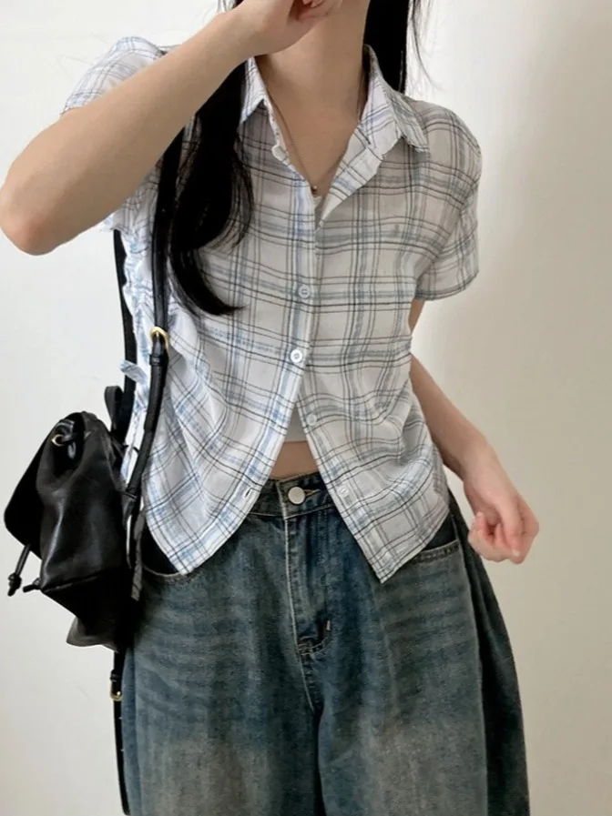 

Chic Summer Vintage ort Plaid irt Women's Turn-down Collar Side Gathered Design Small Buttons Versatile Top Commute Sle