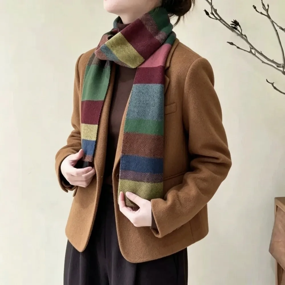 Casual Striped Plaid Women Striped Scarf Rainbow Color Block Neck Warmer Knitted Scarf INS Soft Cozy Winter Shawl Autumn Winter