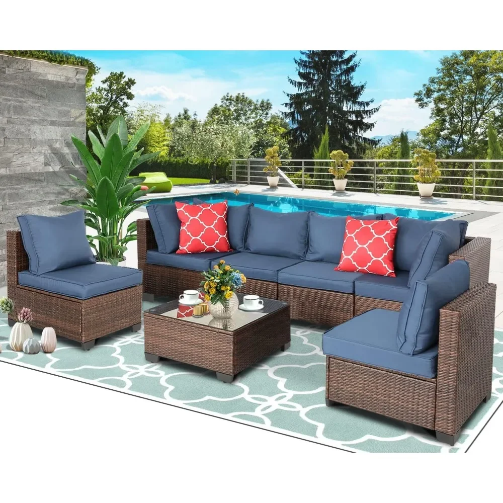 Patio Furniture Set Outdoor Segmented PE Rattan Terrace Conversation Set with Cushions for Balcony, Garden, 7 Pieces with Table