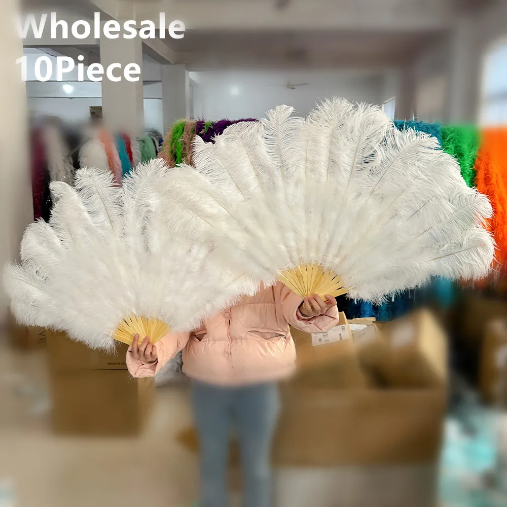 

10PCS White Natural Ostrich Feather Fan Lady Carnival Wedding Halloween Party Dance Foldable Craft Fans Plumas 100CM 130CM Size