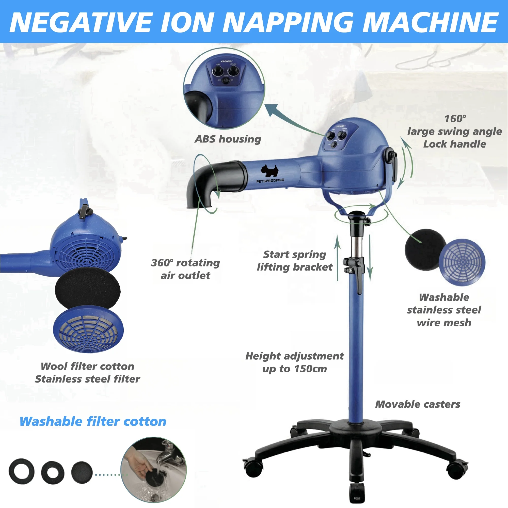 

Professional High-Velocity Pet Dryer - Luxury Stainless Steel Grooming Tool for Pets