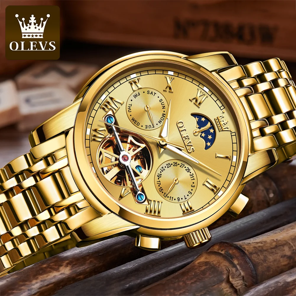 OLEVS 6617 自動巻きメンズ腕時計 スケルトンフライホイール 多機能機械式腕時計 メンズ ムーンフェイズカレンダー腕時計
