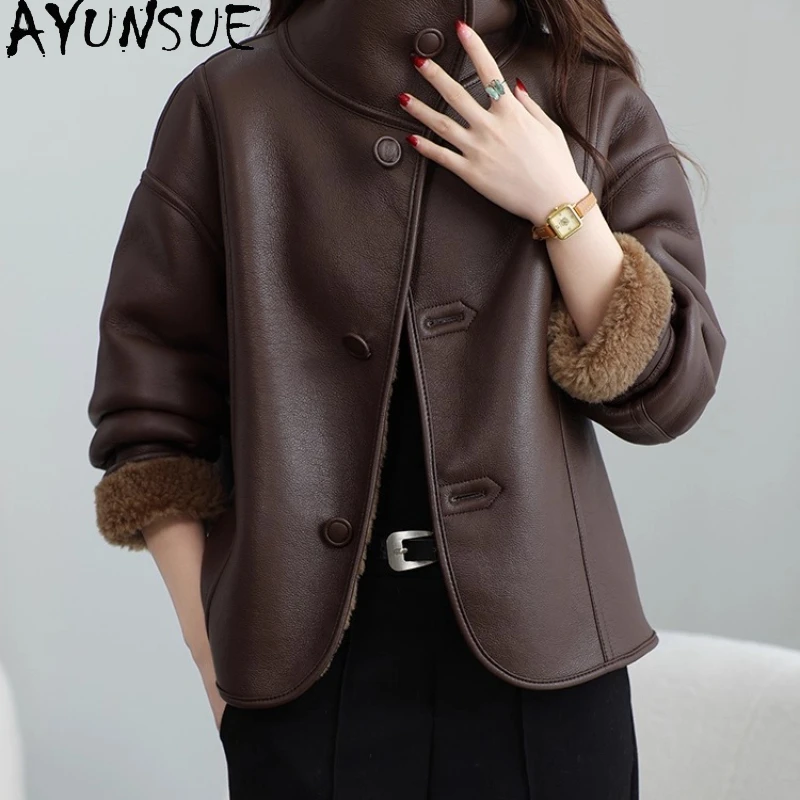 AYUNSUE 100% Wool Coat Women 2025 Sheep Shearling Jackets Winter Clothes Female Motocycle Jacket Fur Integrated Пальто Женское