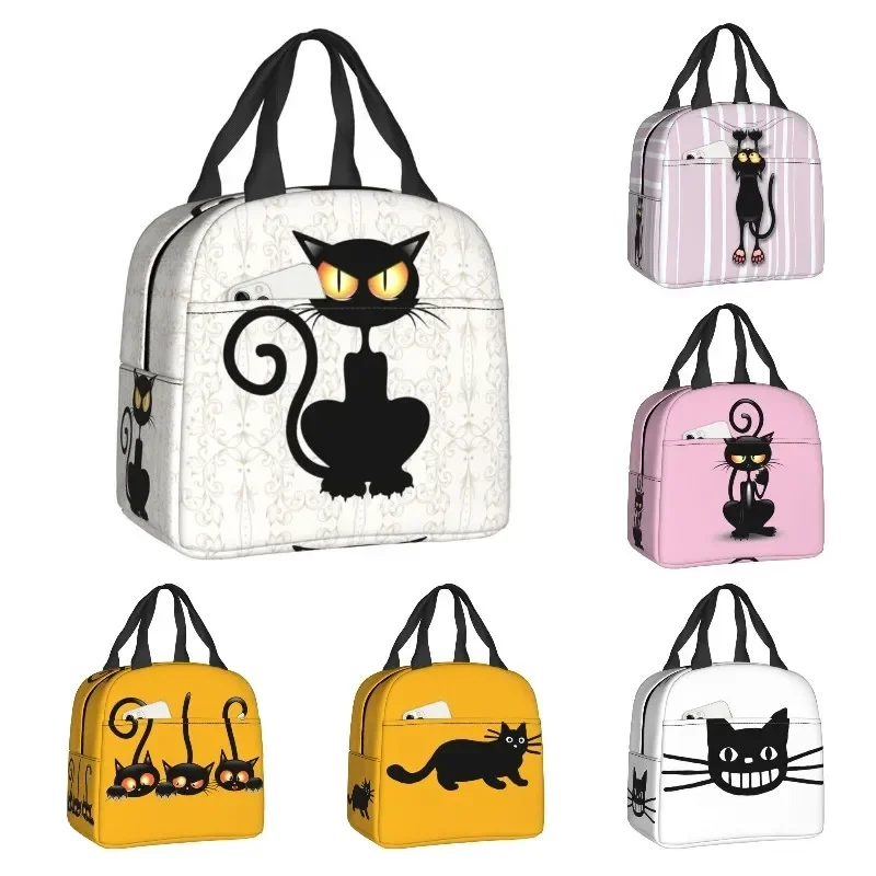 Fun Black Cat Falling Down Insulated Lunch Box for Women Portable Warm Cooler Thermal Lunch Bag School Food Picnic Tote Bags