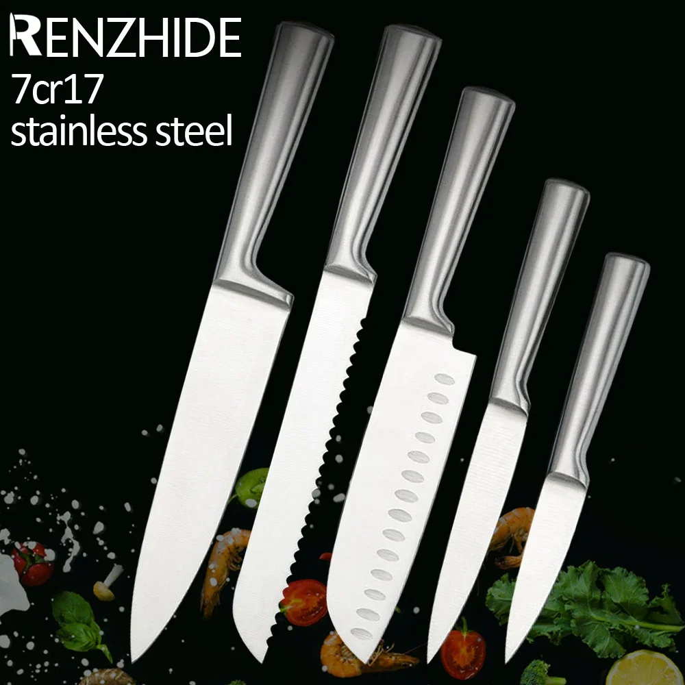 Juego de cuchillos de cocina de acero inoxidable de 5 piezas con mango hueco, cuchillo de Chef, cuchillo japonés, cuchillo multiusos, cuchillo de fruta
