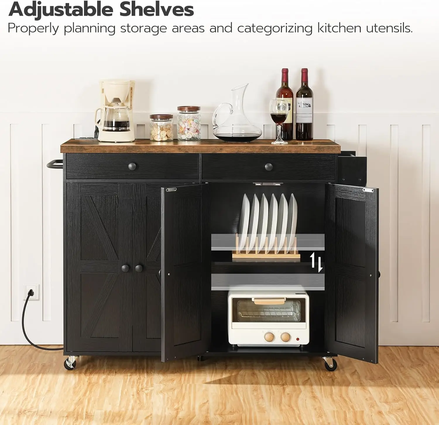 Kitchen Island com estação de carregamento, Rolling Spice Rack, Storage Cart, 43.3 Polegada