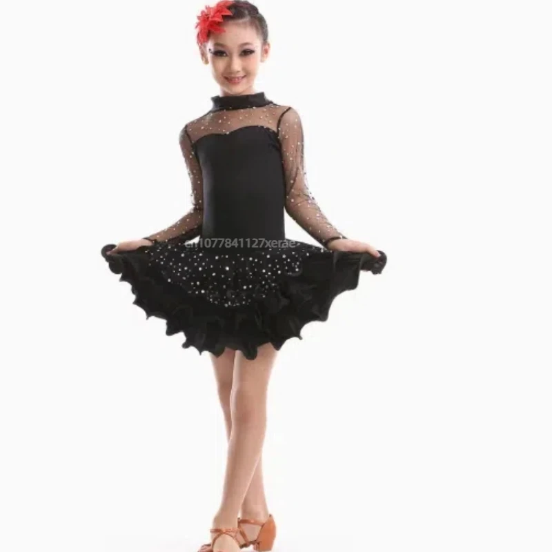 Jupe de danse latine pour enfants, à reflets, manches longues, pour filles, spectacle de compétition de classement, nouvelle collection