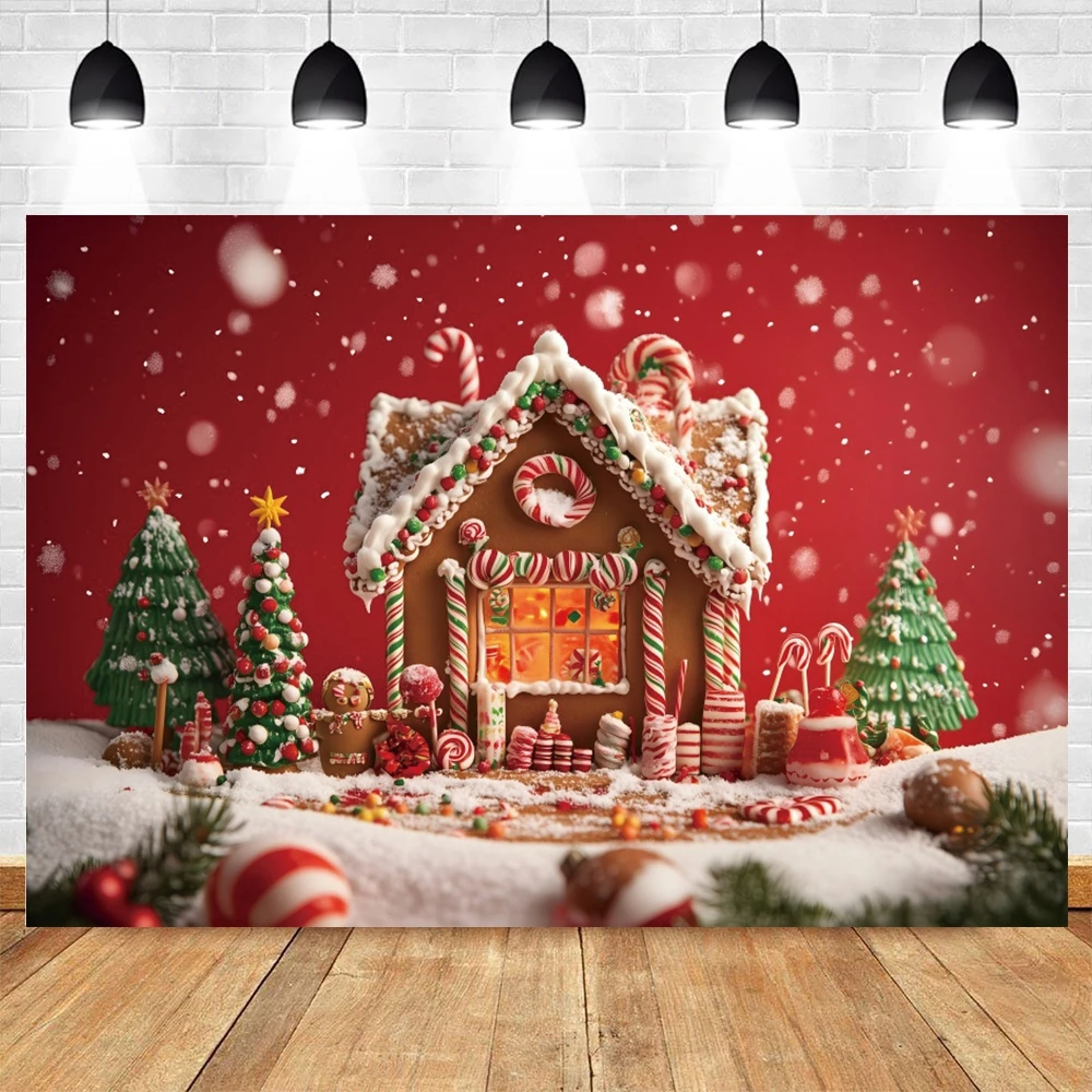 Fondo de fotografía de casa de jengibre de Navidad, copo de nieve de invierno, bastón de caramelo, regalo de árbol de Navidad, retrato de niños, fondo de fotografía rojo