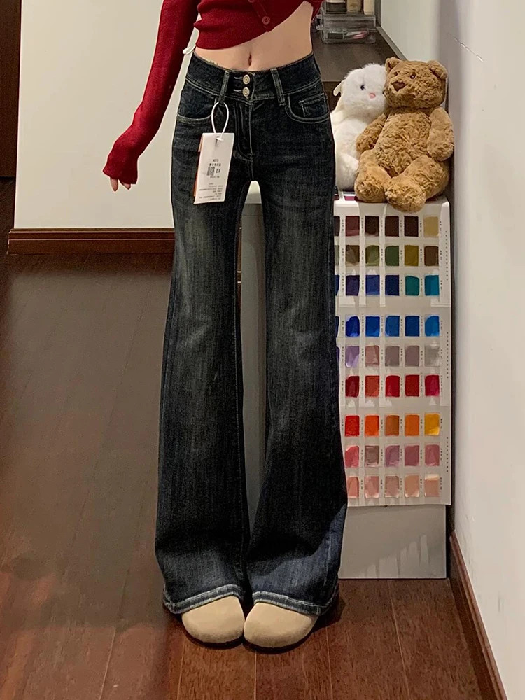 Y2K Double Button Jeans Women American Retro Micro Flared Summer High Waisted Elastic Horseshoe Pants