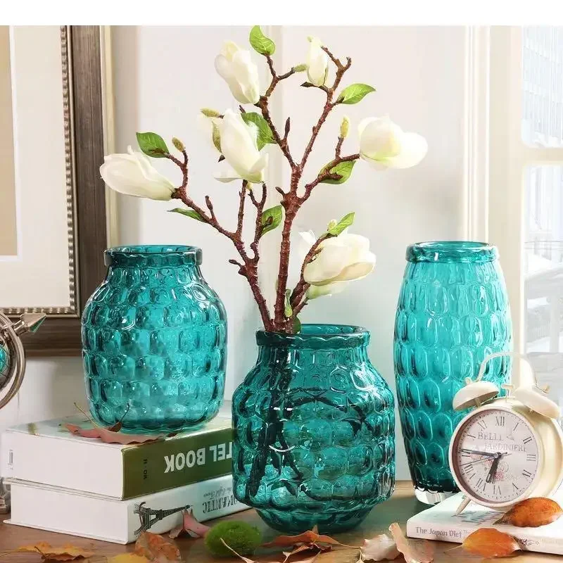 Honeycomb Glass Relief Vase Decoration Blue Flower Pots Decorative Transparent Desk Hydroponics Floral Modern Home Decor