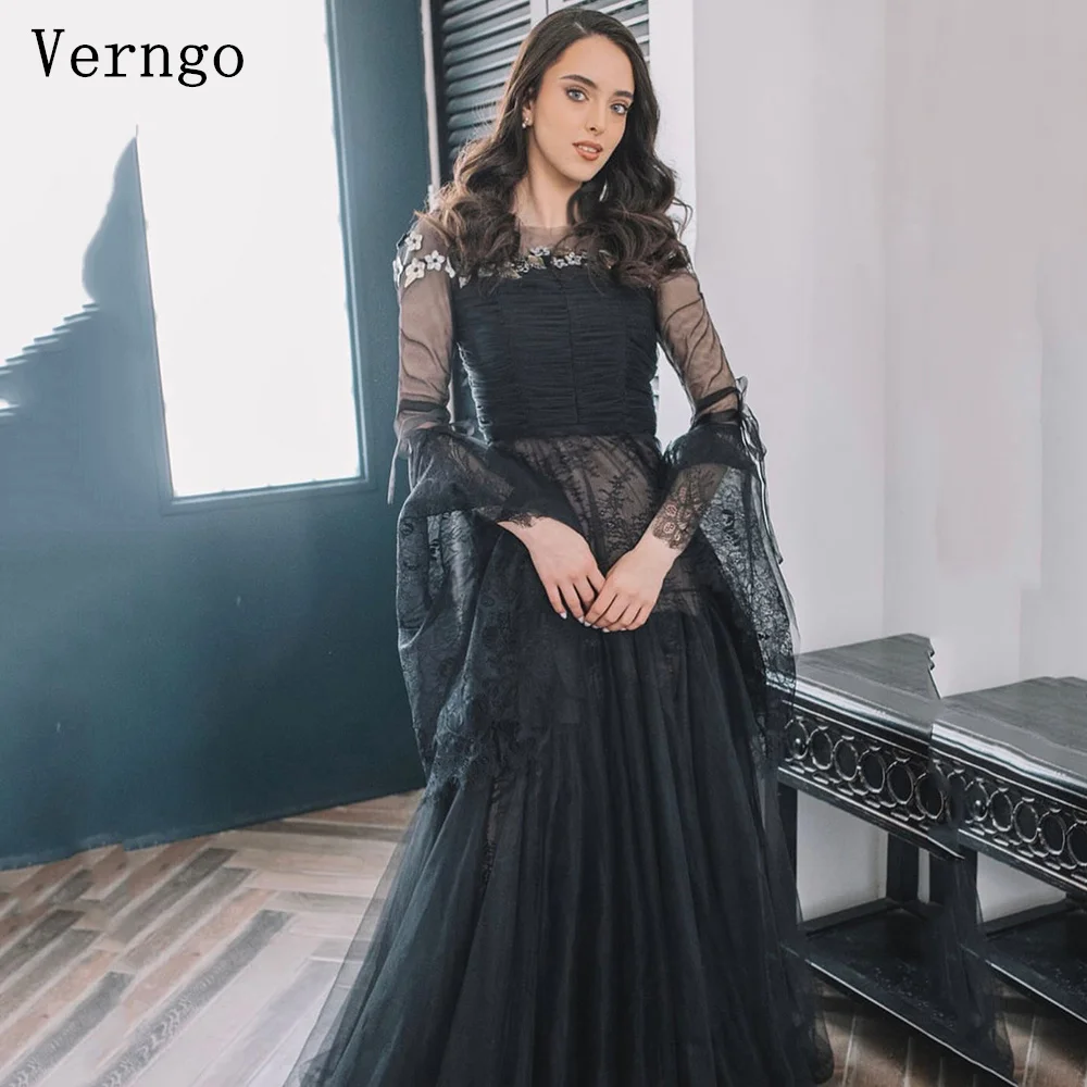 

Verngo Black Tulle Evening Dress Appliques O Neck A Line Prom Gowns Women Full Sleeves Modest Formal Dresses Customized