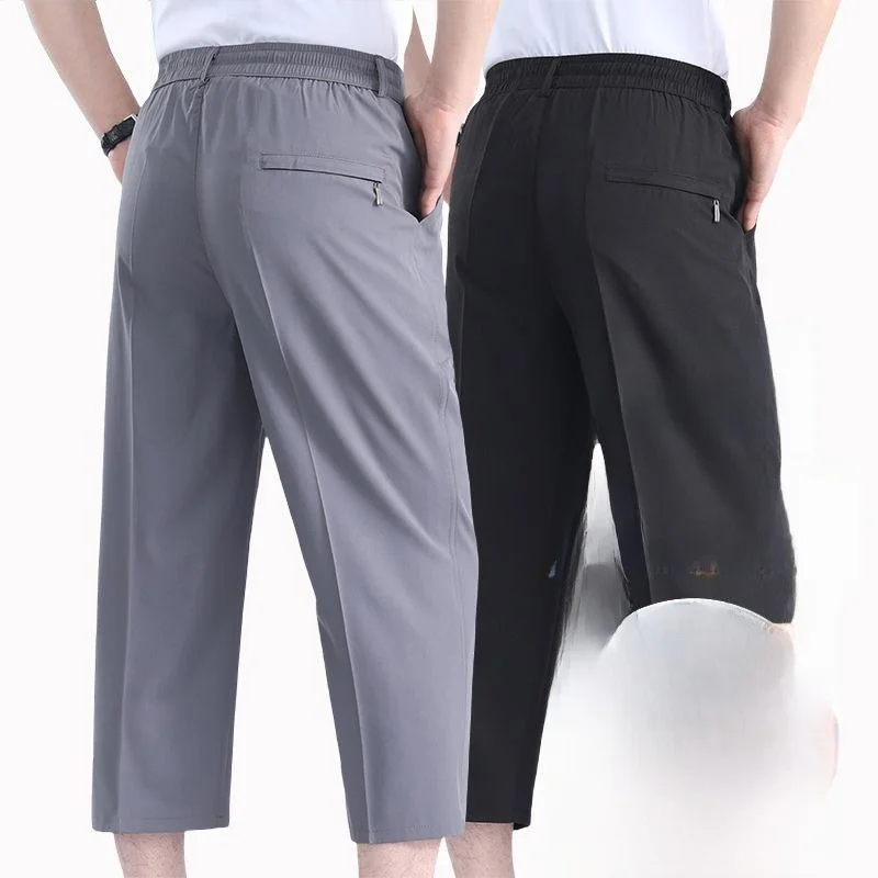 Men's Summer Ice Silk Casual Pants Mid-aged Thin Eighteen Shorts Dad Outerwear Western Trousers Grandpa Harlan Style Polyeste...
