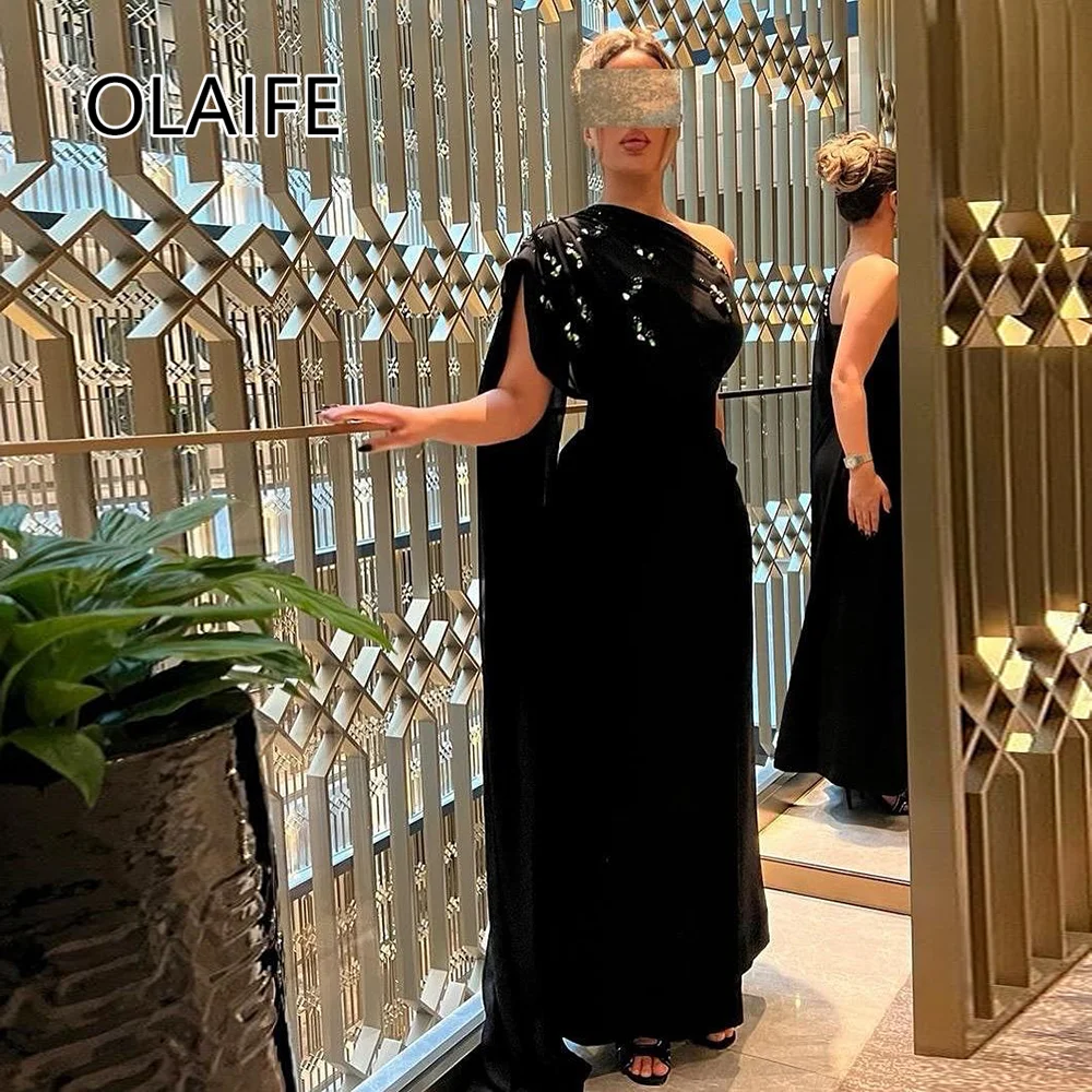 

Fantastic Saudi Evening Dress One Shoulder Chiffon Sheath Beaded Crysatl Bridesmaid Prom Gown with Cape Customized