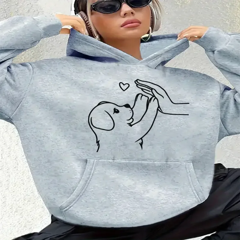 

Women Graphic Casual Dog And Heart Print Hoodie With Kangaroo Pocket Sporty Pullover Sweatshirt Comfortable Casual Dog Hoodie