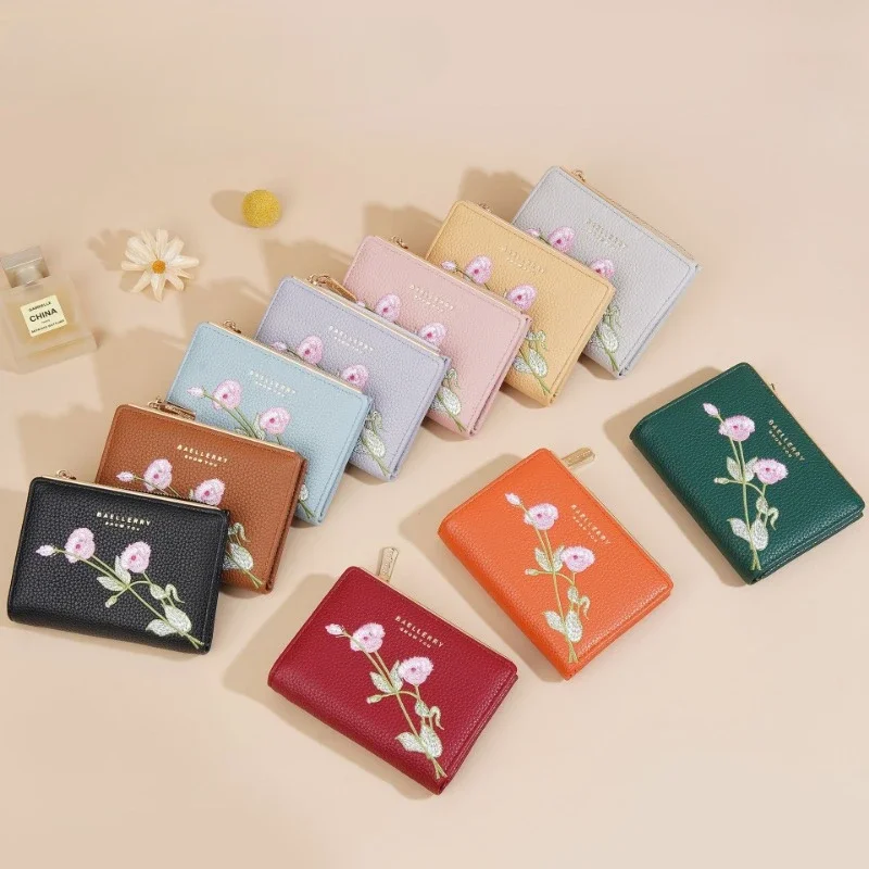 Women's Embroidered PU Leather Wallet: Slim Zip-Around Design with Multiple Card Slots & Dedicated Coin Pocket