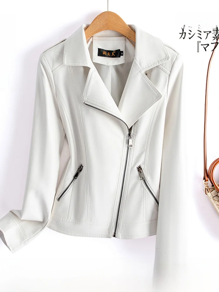 

Ladies' Slim Fit eepskin Leather Jaet Motorcycle Sle Faionable Spring Coat Zipper Closure Long Sve ort Length