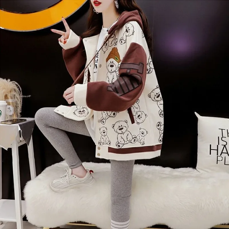 جرافيك أنثى مقنعين ملابس شبابية دافئة باردة طويلة الأكمام جديدة في معطف سميك الخريف والشتاء المرأة هوديس البلوز