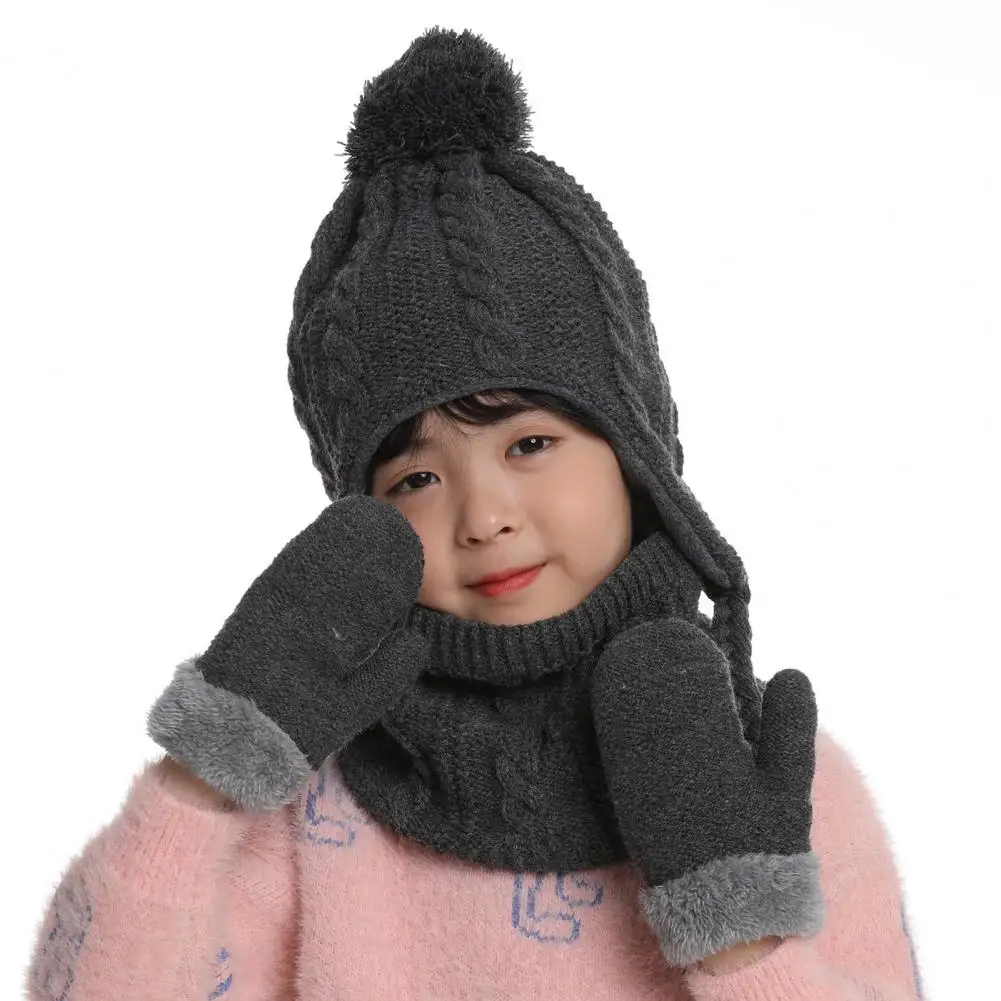 

Gloves Beanie Set Warm Windproof Children's Hat Scarf Glove Set with Plush Ball Decor Cozy Outdoor Neck Cover for Boys Girls