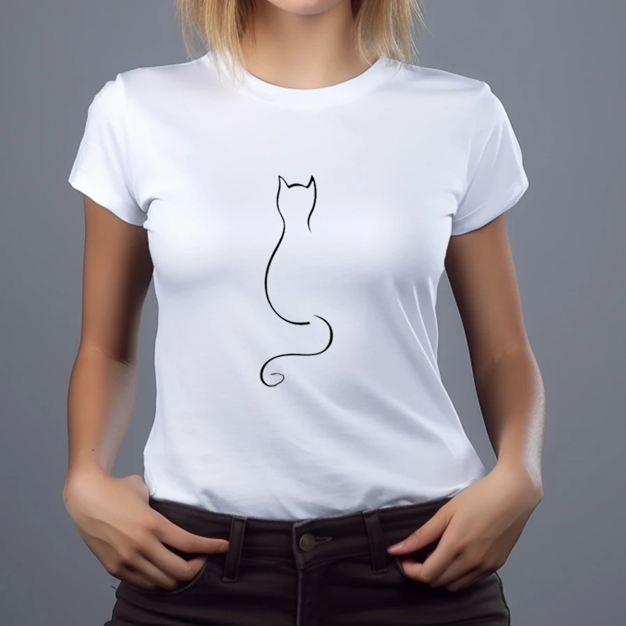 Summer Simple Cat Print Tees For Women 2023 Harajuku White Black T Shirts 3XL Big Size O Neck Short Sleeve Tshirt Female