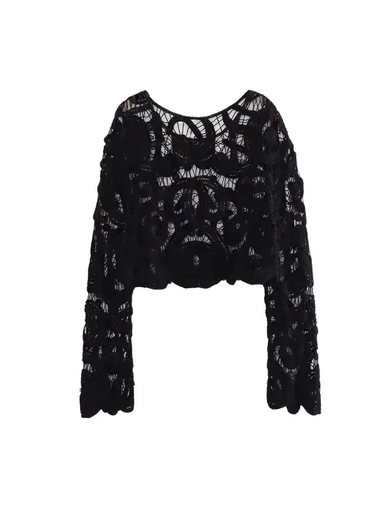 Maglione lavorato a maglia all'uncinetto semitrasparente corto moda donna Top chic da donna a maniche lunghe con scollo a O sexy