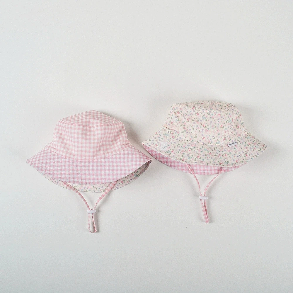 Girls Reversible Floral Bucket Hat for Toddler Gingham Cotton Sun Protection Hat Vocation Beach Photo Prop Adjustable Strap